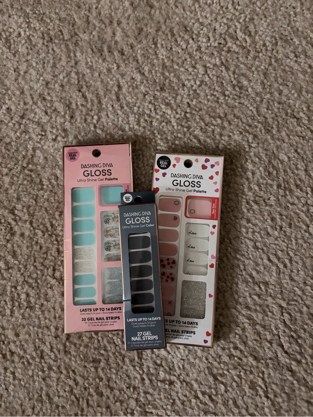Dashing Diva 3 Pack Gloss Press-On Nail Set — Mint, Pink & Gray Gloss Strips